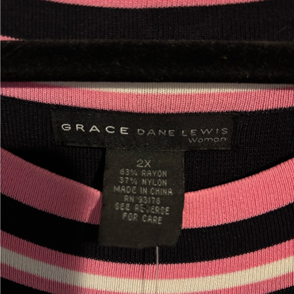 Grace Dane Lewis Navy Blue with Pink and White Stripes Quarter Length Sleeve Top - Picture 3 of 7